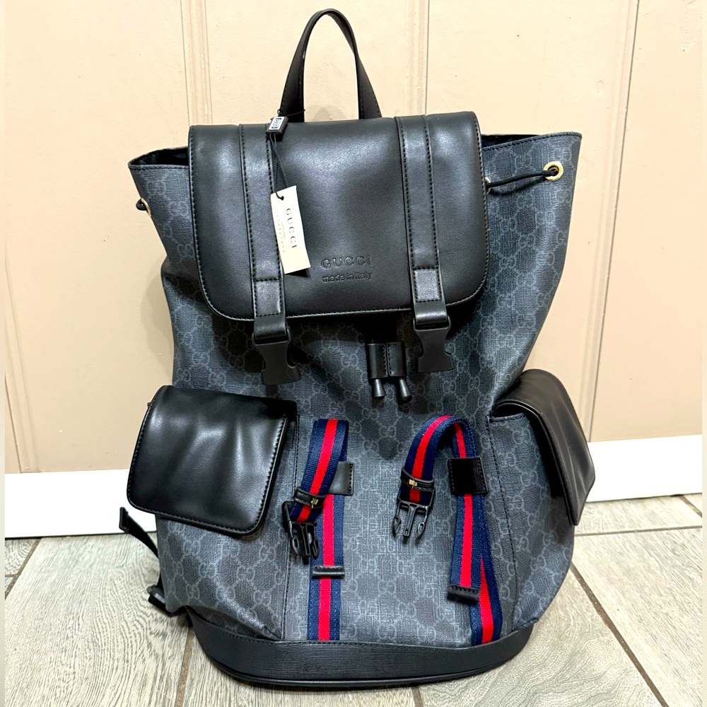 Gucci Soft Backpack GG Supreme Blue/Red Web Black/Grey